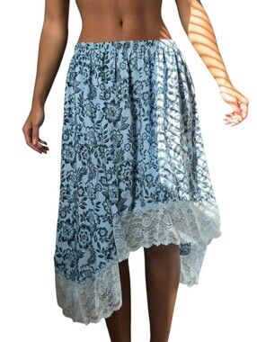 Aerie Light Blue Floral Lace-Trim Handkerchief Midi Skirt XS NWT